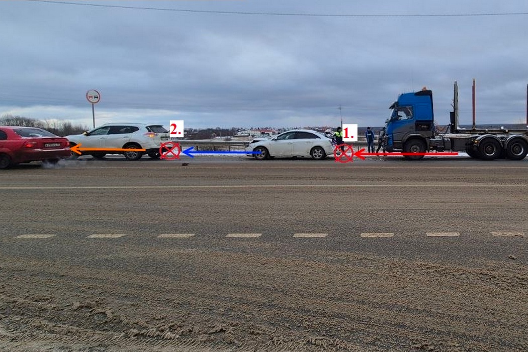 Большегруз подтолкнул две машины на трассе «Вятка»